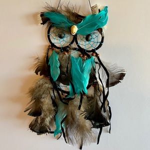 Owl Dream Catcher natural/teal accent feathers NWT